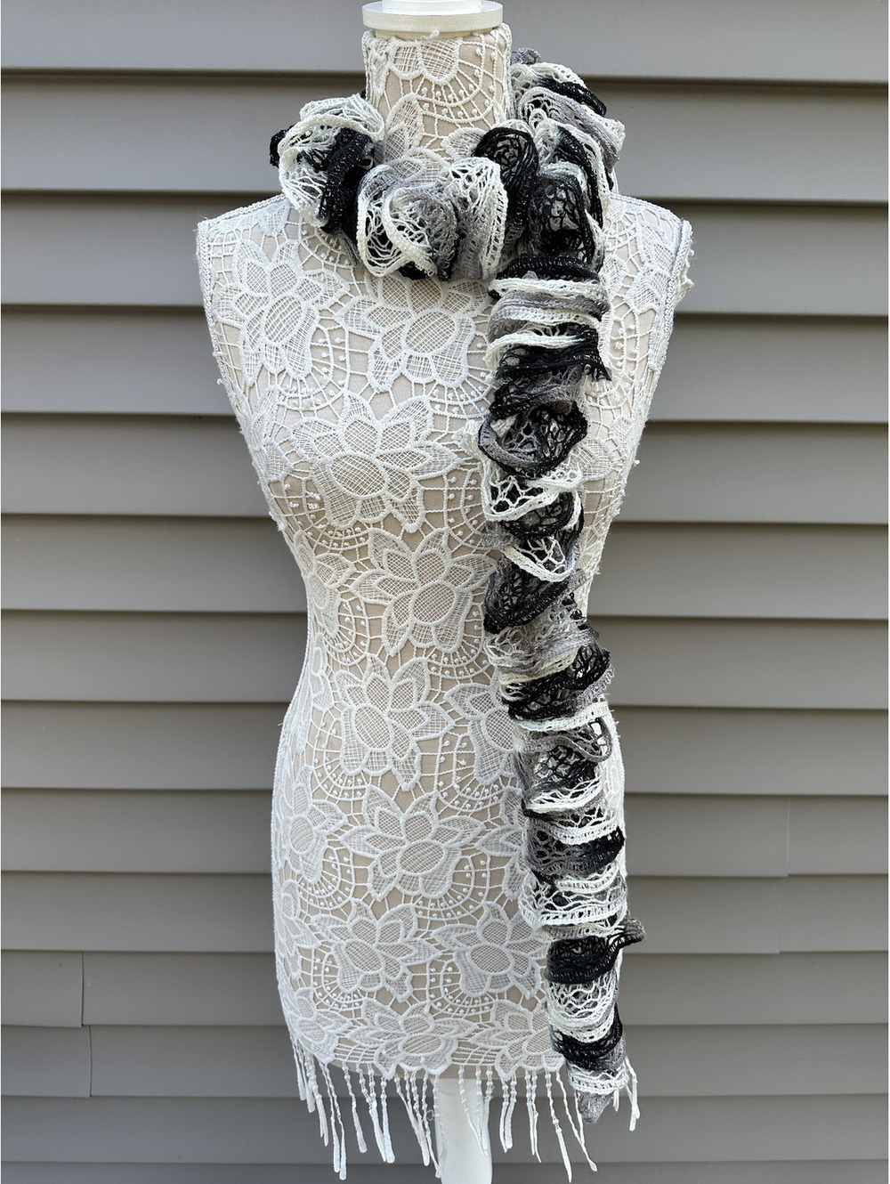 Handmade Ruffled Crochet Scarf Black White Gray Unique Textured
